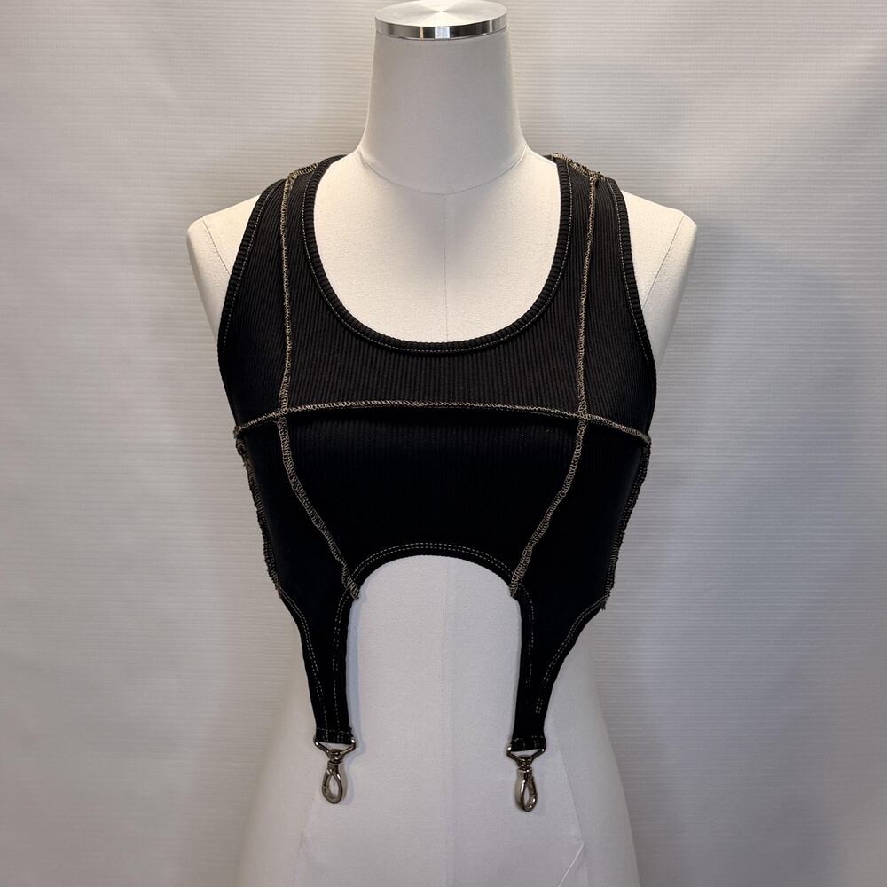 The Ragged Priest Tank Top Womens 10 Black Cropped Garter Strap Ribbed Knit